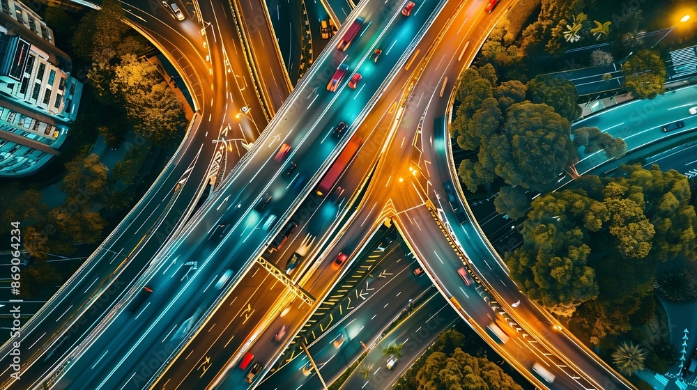 Poster expressway top view road traffic an important infrastructure drone aerial view fly in circle traffic