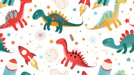 A vibrant illustration featuring various cartoon dinosaurs, rockets, and cute decorative elements on a light background