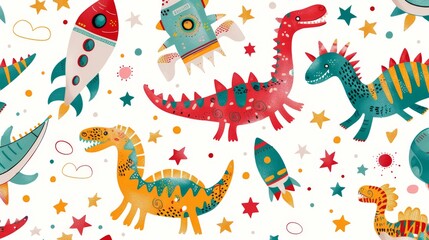 A seamless pattern featuring vibrant, cartoon dinosaurs, rockets, stars, and hearts on a light background