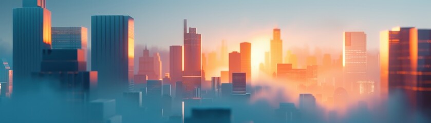 Fototapeta premium Stunning sunrise over a foggy cityscape, with sunlight illuminating skyscrapers in a modern urban landscape.