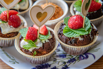Chocolate Cupcakes With Strawberry and Mint Toppings on White Plate