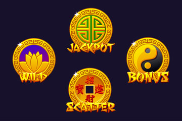 China slots icons-Wild, jackpot, bonus, and scatter. Chinese lucky coins. Vector symbols for 2D Games and Casino or Slots.