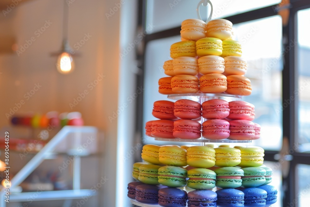 Poster a tower of whimsical rainbow-colored macaroons is placed in front of a window, creating a vibrant di