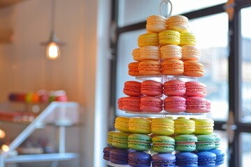 A tower of whimsical rainbow-colored macaroons is placed in front of a window, creating a vibrant display, A whimsical rainbow-colored macaron tower