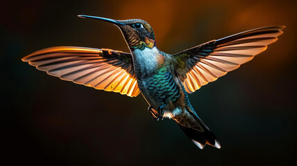 Obraz premium Hovering hummingbird spreads iridescent wings in mid air, AI Generative.