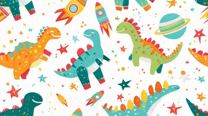 A playful and bright illustration featuring cartoon dinosaurs, rockets, and planets set on a starry background, perfect for children's designs