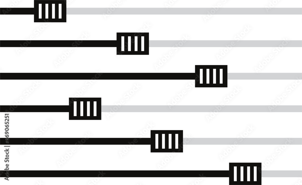 Poster volume slider adjustment icon set, horizontal black grey slider button isolated flat design, vector 