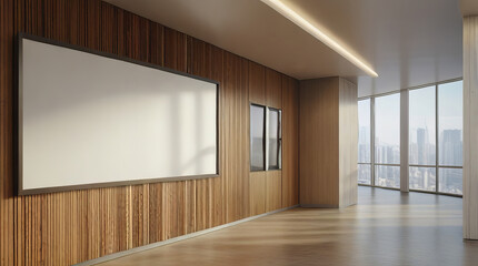 Obraz premium Empty Framed Poster on Wooden Wall in Modern, Well-Lit Office Hallway with Large Windows
