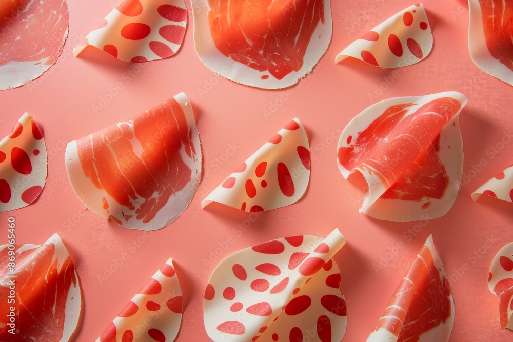 Poster detailed view showing various types of sushi neatly arranged on a bright pink background, a whimsica