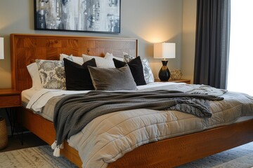 The image of a brown wooden bed with a gray bedspread set highlights comfort, sophisticated interior design, and relaxation, showcasing the coziness of living spaces.

