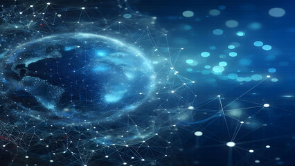 Blue abstract background with network grid and particles