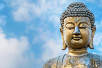 The image of a golden Buddha statue with a blue sky in the background emphasizes peace, spiritual serenity, beauty, and Buddhist sanctity, showcasing a sacred moment.

