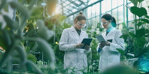Two scientists in a greenhouse, wearing white lab coats, holding tablets, surrounded by lush green plants, engaged in scientific research and data collection.