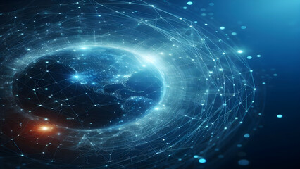 Fototapeta premium Blue abstract background with network grid and particles