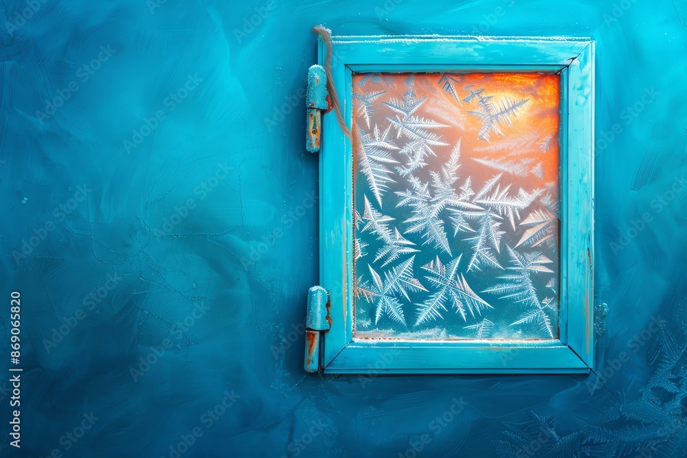 Poster frost patterns on a blue window with vibrant orange light, creating a striking contrast in colors an