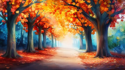 Magical autumn forest path with vibrant orange and yellow leaves, a serene landscape perfect for nature lovers and fall enthusiasts.