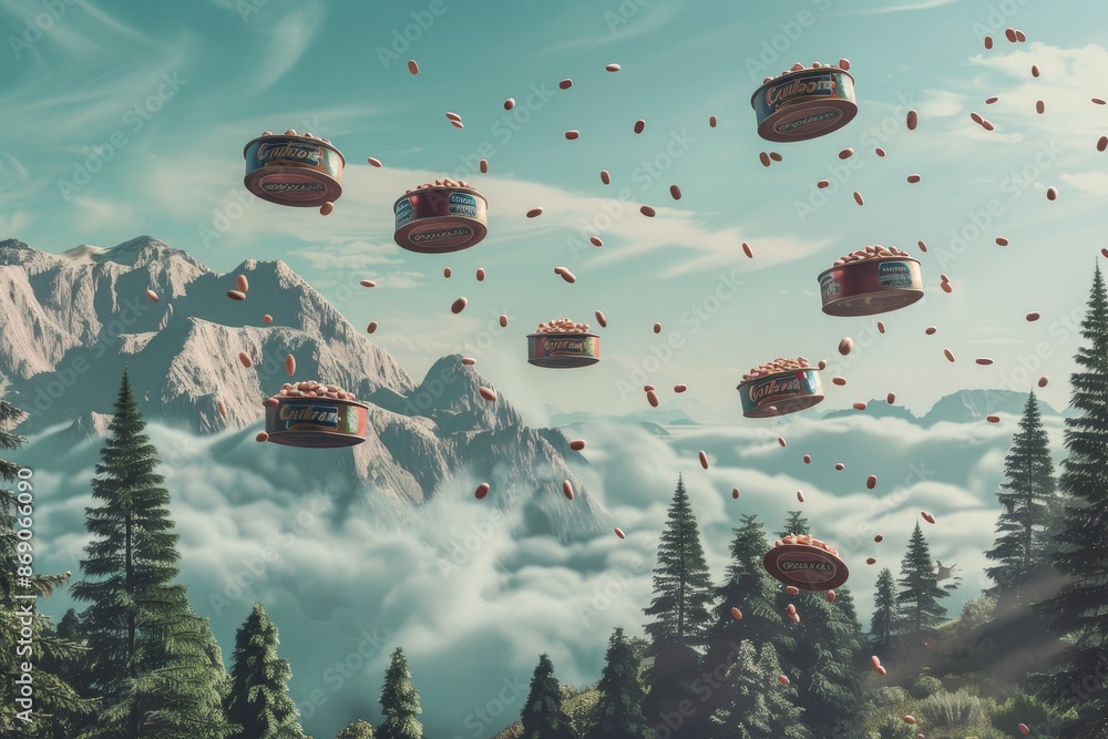 Poster Multiple flying saucers soar over a dense forest filled with trees, A whimsical scene depicting canned beans floating in a surreal landscape