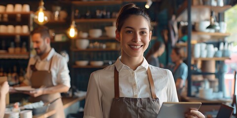 A friendly barista smiles while standing in a bustling café with warm ambient lighting. She is wearing an apron and holding a tablet, surrounded by various coffee utensils.