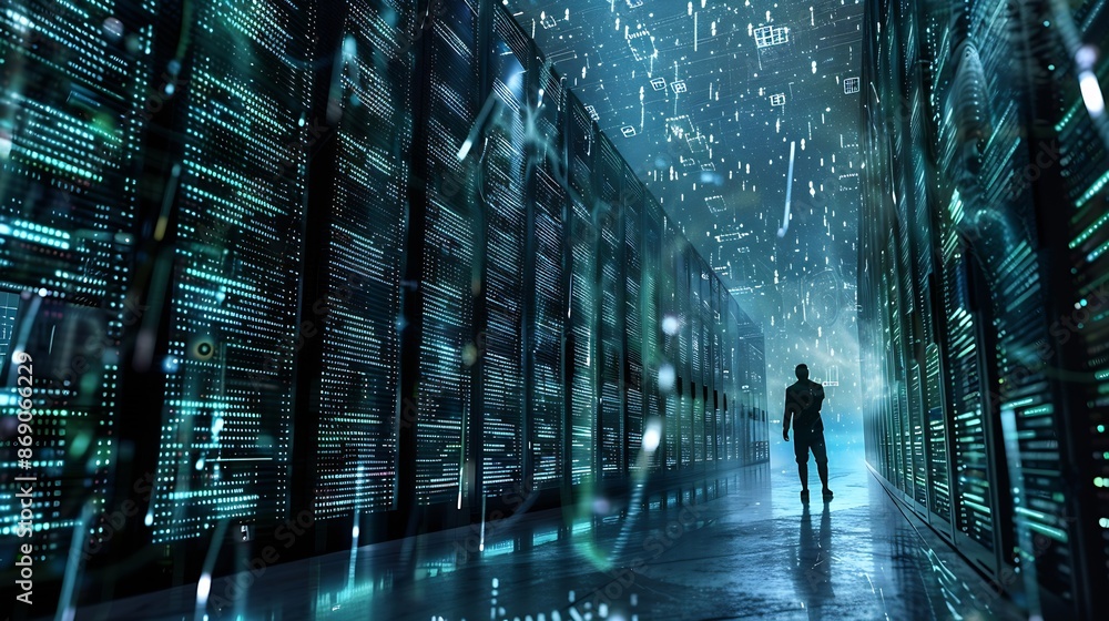 Aufkleber Data Processing digital technology internet network concept Computer programmer working on big data and computer code with data center server room as backgrounds : Generative AI