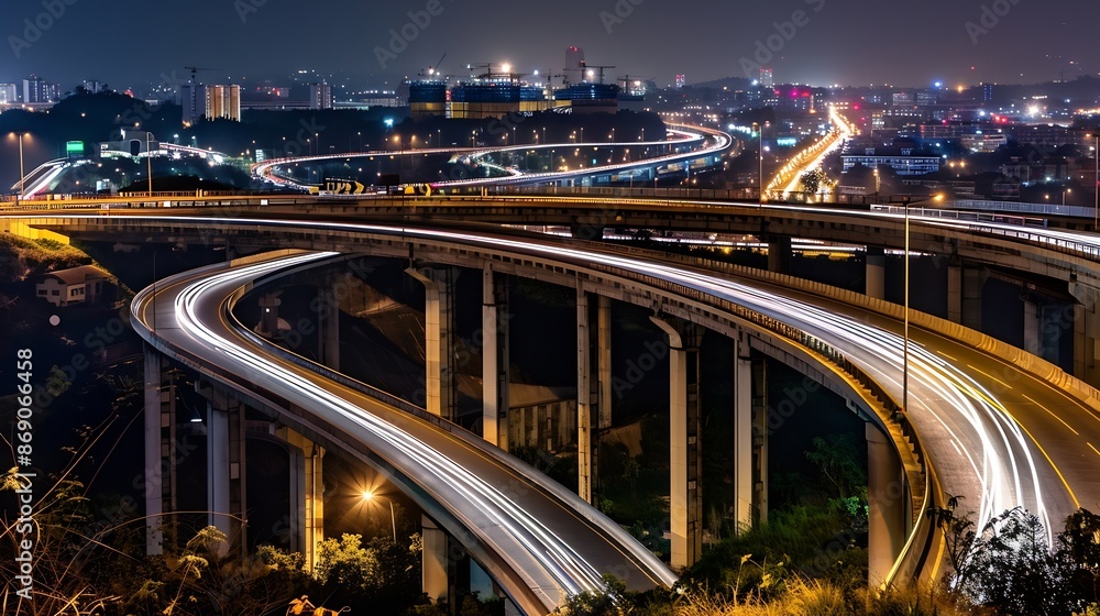 Poster top view and curvy of highway overpass with beautiful city background night scene : generative ai