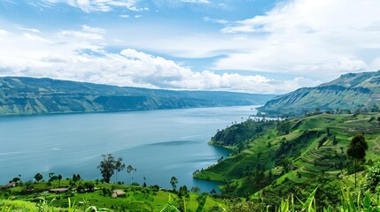 View of Lake Toba and beautiful green hills located in Samosir Regency Natural view of the lake from the top of the hill Beautiful nature : Generative AI