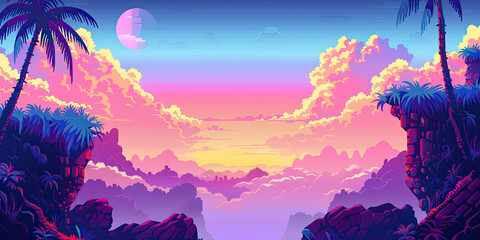 Vintage retro video game style computer graphics landscape background, 80's gaming backdrop, generated ai