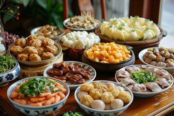 Chinese Cuisine Table with Variety of Dishes