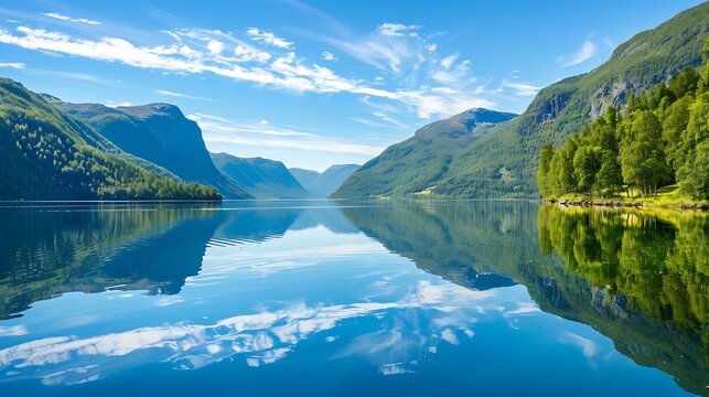Deep lake with clean transparent water The smooth surface of the water reflects protected forests Norway Eidsvatnet most beautiful Norwegian lakes : Generative AI