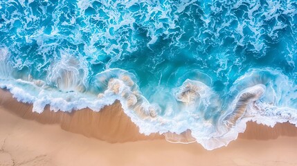Obraz premium Aerial Top Down View Of Blue Ocean Waves Breaking Onto Sand At Bronte Beach Sydney Australia : Generative AI
