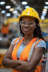 Portrait of a smiling female factory worker wearing a hard hat and safety glasses