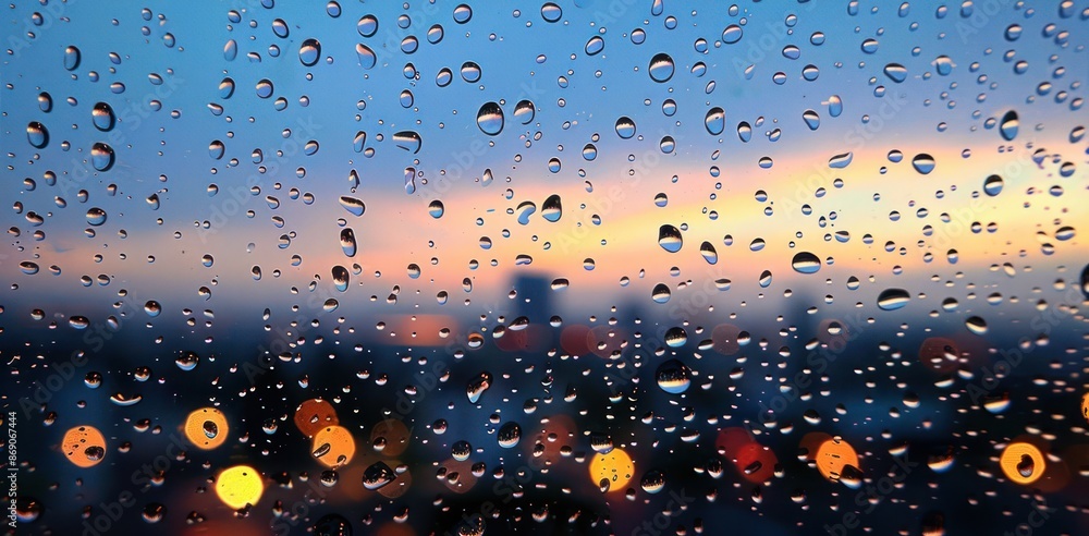 Poster a window with raindrops on it and a city in the background