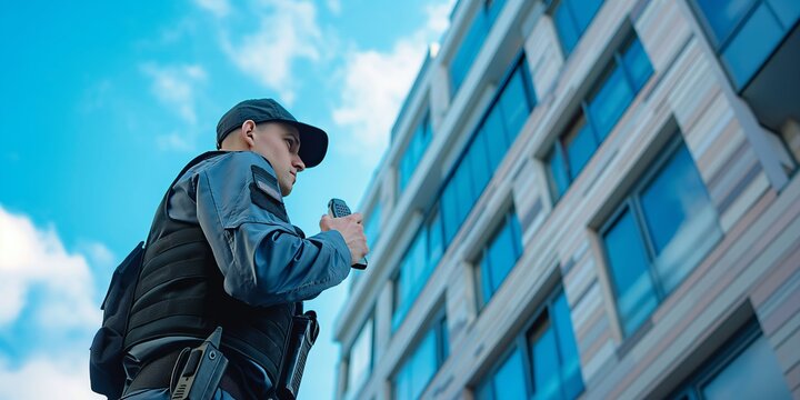 Security officer holding a communication device, standing vigilantly in front of a modern building, representing security surveillance and the importance of safety measures.
