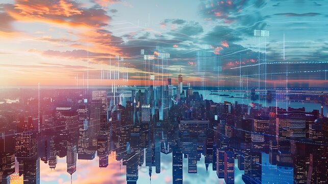 Modern cityscape and digital technology concept Smart city Digital transformation Composite visual with a drone point of view Mixed media : Generative AI