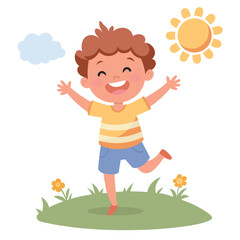 Cute Little Boy Jumping and Smiling with Sun Vector Illustration