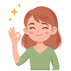 Young cute girl showing ok sign with fingers. Cute cartoon vector illustration.