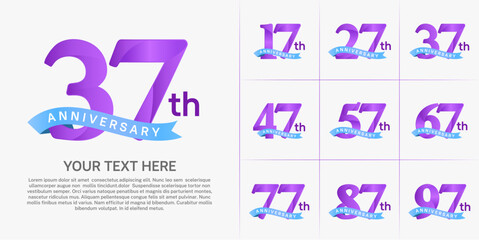 anniversary logotype set vector, purple color and blue ribbon for special day celebration