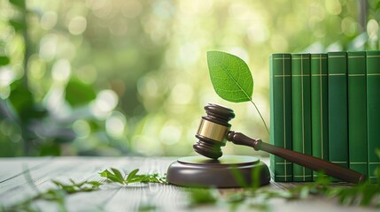 Gavel and a stack of renewable energy law books, green governance, environmental protection