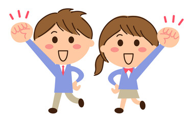 ガッツポーズをする制服の男女学生