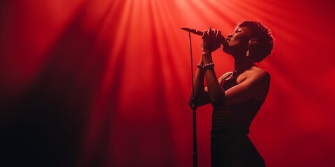 A silhouetted singer passionately performing on a stage with dramatic red lighting, capturing the intensity and emotion of live music and artistic expression.