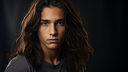 Happy cheerful young latino generation z. Smiling ethnic cool generation z teenage student, long hair, gray background.