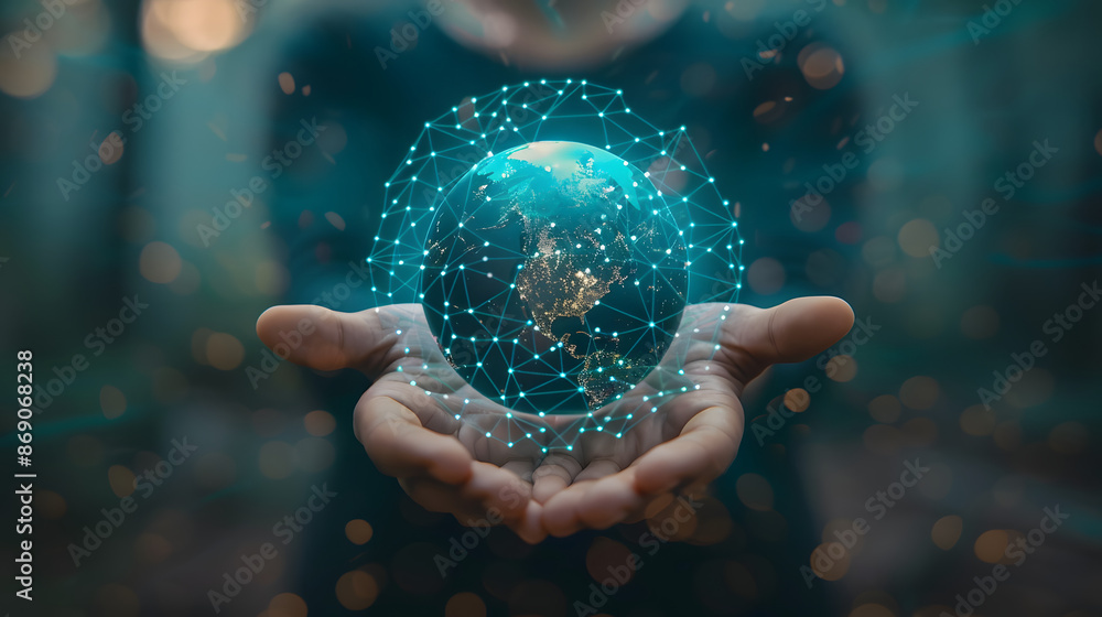 Aufkleber abstract palm hands with global network connections, innovative technologies in the field of science