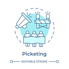 Picketing soft blue concept icon. Labor protest, workers strike. Working conditions. Round shape line illustration. Abstract idea. Graphic design. Easy to use in infographic, presentation
