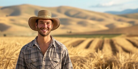Obraz premium A happy farmer stands amidst a wheat field, wearing a hat and a plaid shirt. The background reveals golden rolling hills under a clear sky, portraying peace and prosperity.