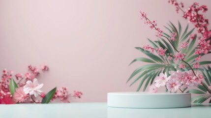 Fototapeta premium Elegant pink floral arrangement with a modern white pedestal against a pastel background, perfect for product display or minimalistic design.