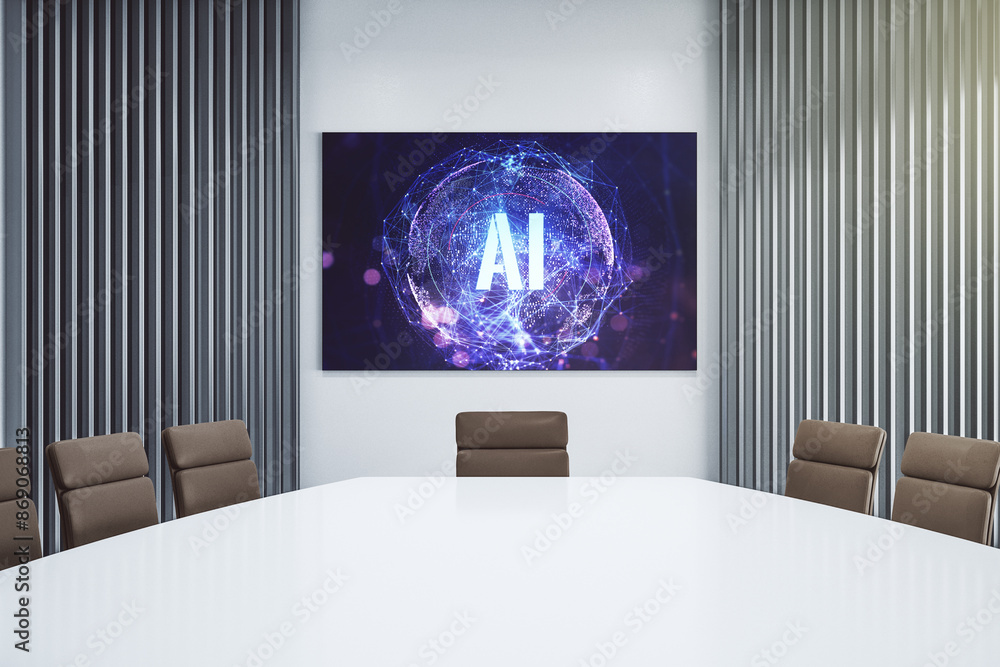 Poster Creative artificial Intelligence symbol concept on tv display in a modern presentation room. 3D Rendering