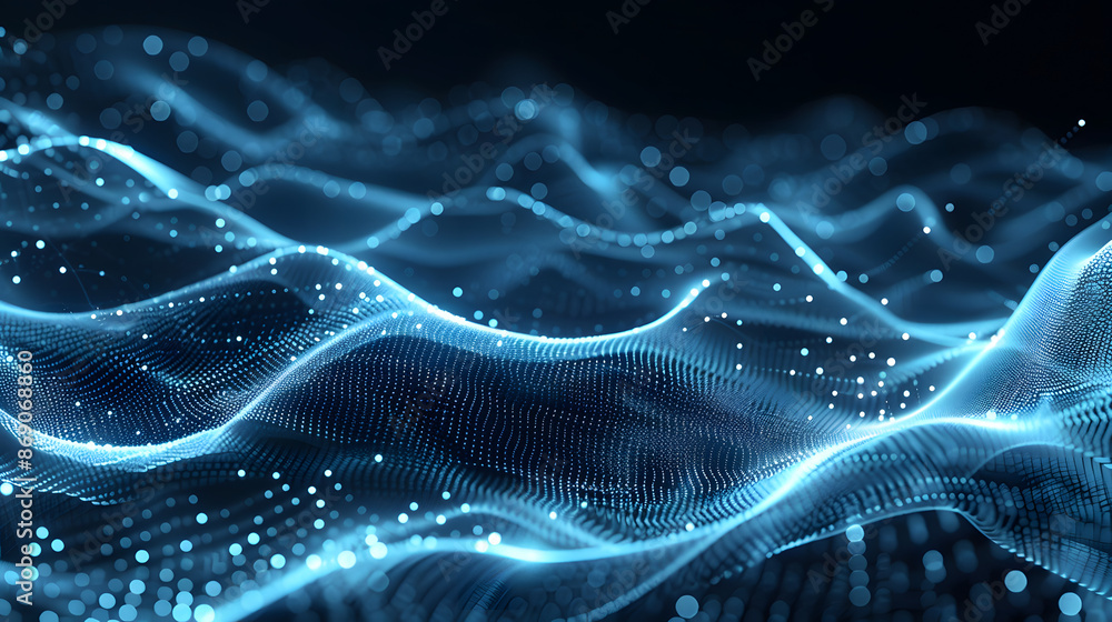 Poster abstract waving particle technology background. abstract wave moving dots flow particles, hi-tech an