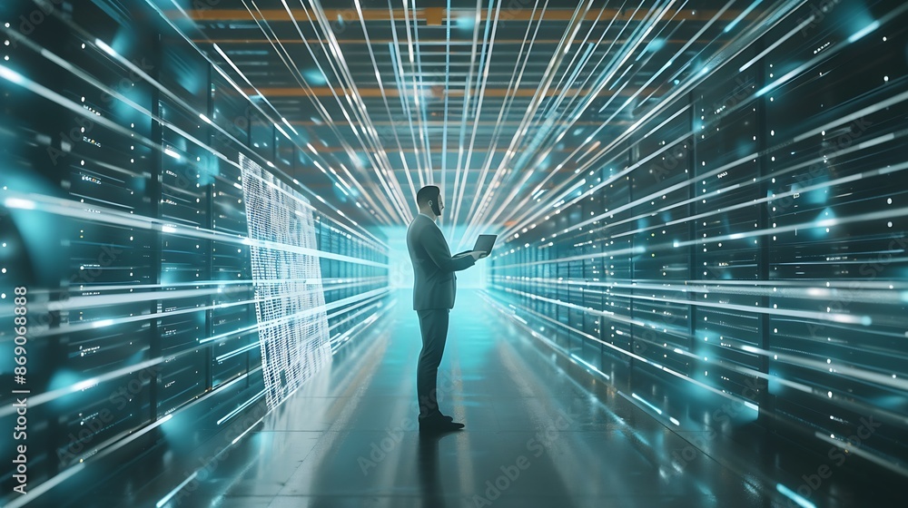 Leinwandbilder Futuristic 3D Concept Big Data Center Chief Technology Officer Using Laptop Standing In Warehouse Information Digitalization Lines Streaming Through Servers SAAS Cloud Computing Web Se : Generative AI