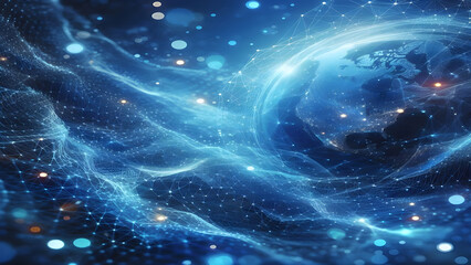 Blue abstract background with network grid and particles