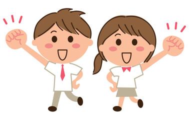 ガッツポーズをする夏服制服の男女学生