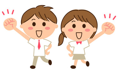 ガッツポーズをする夏服制服の男女学生